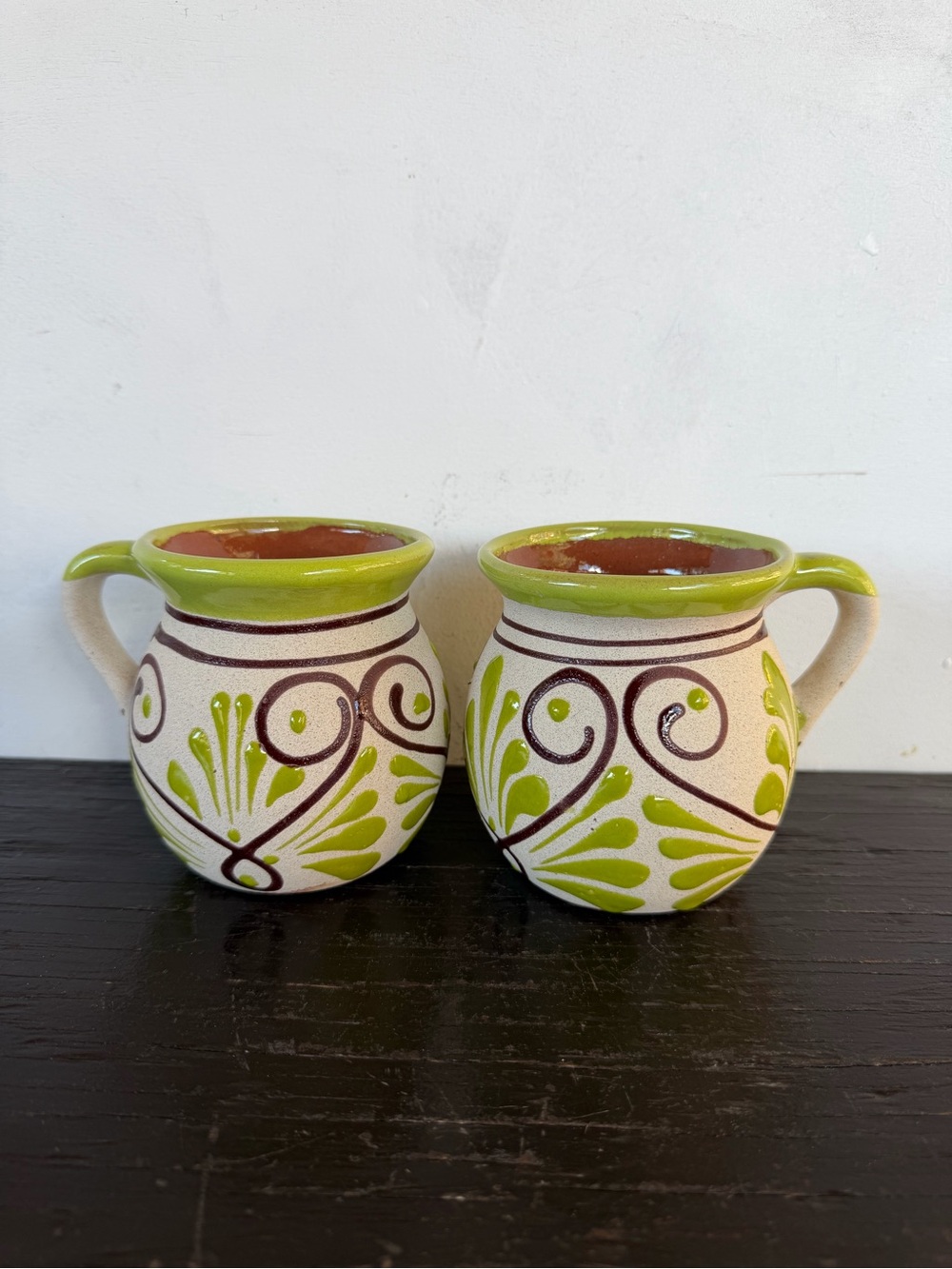 Handcrafted Engobe Cream and Green Coffee Mugs - Set of 2